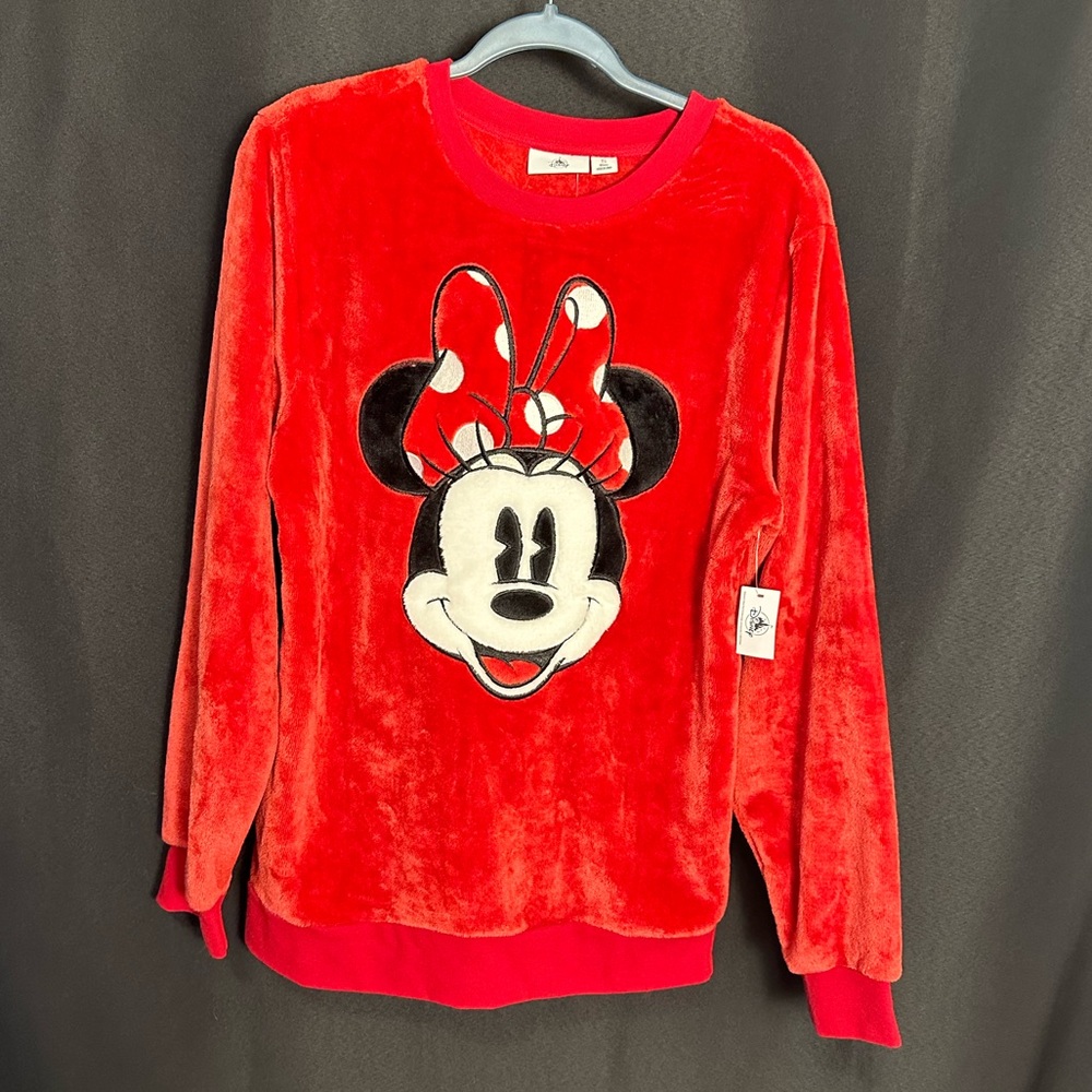 Disney Vibrant Red Fleece Minnie Mouse PullOver Sweater SweatShirt Size Small
